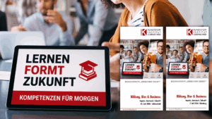 Titelbild der KIMW Bildungsinitiative Lernen formt Zukunft: Tablet mit Slogan im Vordergrund, im Hintergrund Menschen am Tisch, 2 Flyer für die dazugehörigen Veranstaltungen in Lüdenscheid und Nürnberg