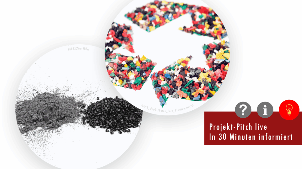 Titelbilder der Projekte Recycling 3 (Symbol Kreislaufwirtschaft aus Kunststoffgranulat) und Real-Stone (Grauwacke in Pulverform und als Granulat) kreisförmig dargestellt