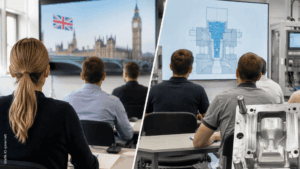 Spritzgießkompetenz erweitern: Seminare zu Fachenglisch und Schäumen im Spritzgießverfahren-links Kursteilnehmer sitzen vor Bildschirm mit Bild und Flagge von England, rechts: Kursteilnehmer sitzen vor Bildschirm mit Bild von Spritzgussmaschine
