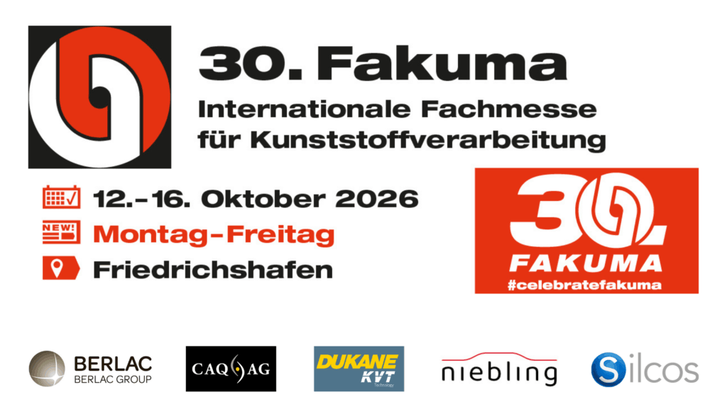 Logo der Fakuma 2026 mit den Logos der am Gemeinschaftsstand teilnehmenden Unternehmen Berlac, CAQ AG, Dukane KVT, Niebling und Silcos