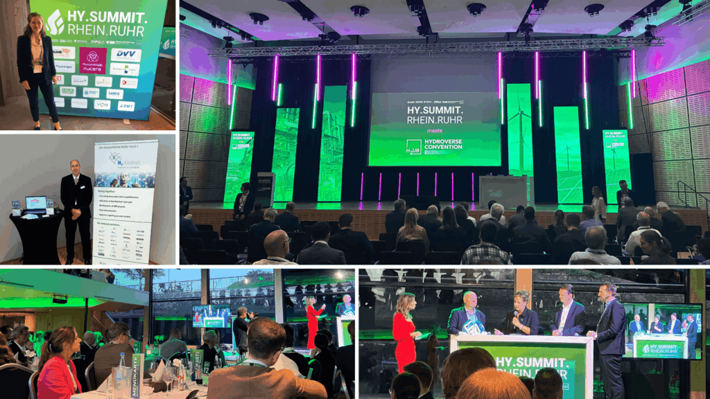 Collage von 5 Fotos des Hy.Summit.Rhein.Ruhr 2026. Zu sehen sind die Bühne mit Publikum, die Podiumsdiskussion, Teilnehmer im Verasntaltungssaal, der H2-Konkret-Stand und 2 Kollegen