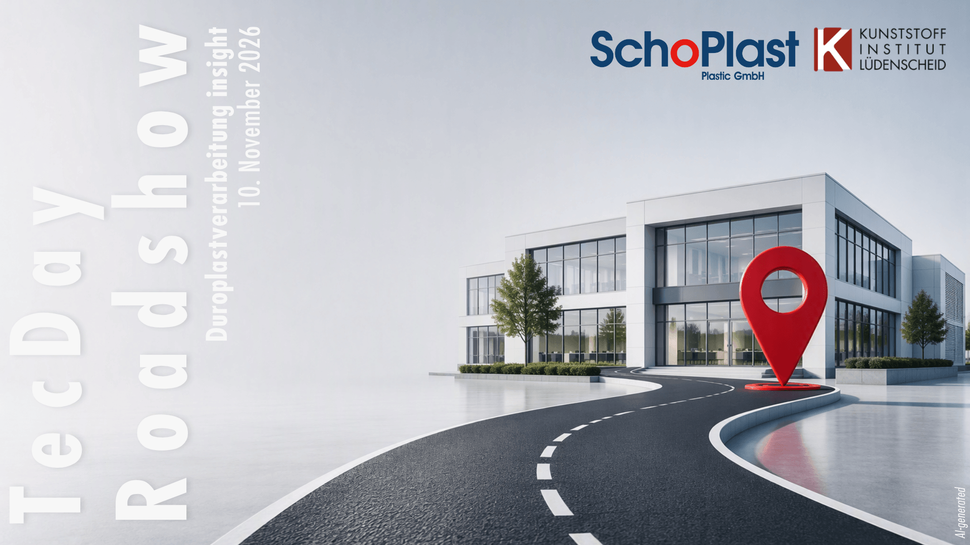 KI-generiertes Titelbild der TecDay Roadshow mit einer Strasse, die zu einem Bürogebäude führt. Davor ist ein großes, rotes 3D-Standort-Icon platziert.