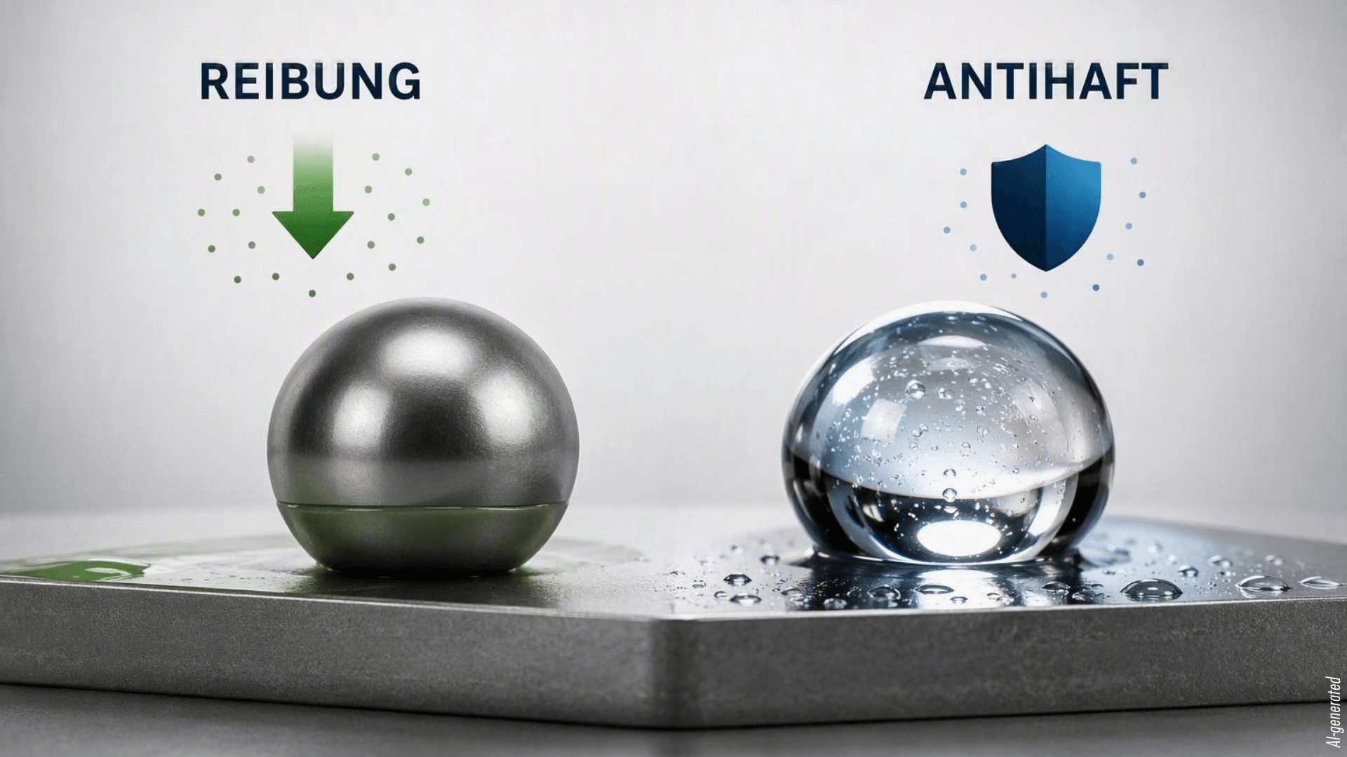 PFAS-freie Alternativen für Tribologie und Antihaftanwendungen: Darstellung von Reibungs- und Antihaftprüfungen mit Kugel und Wassertropfen auf Funktionsoberflächen.